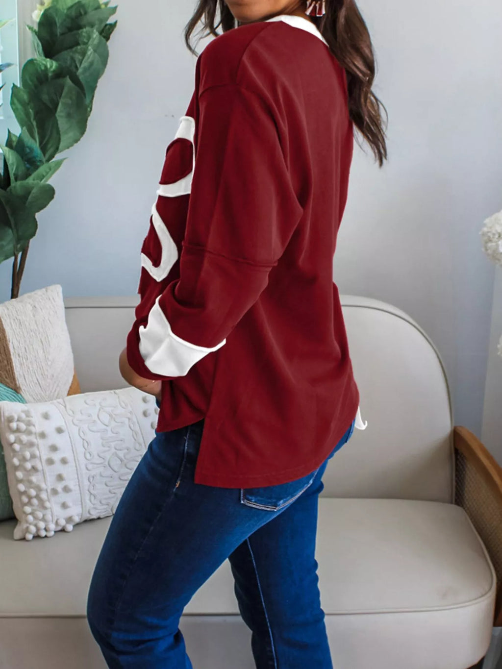 Flower Patched Round Neck Long Sleeve Top