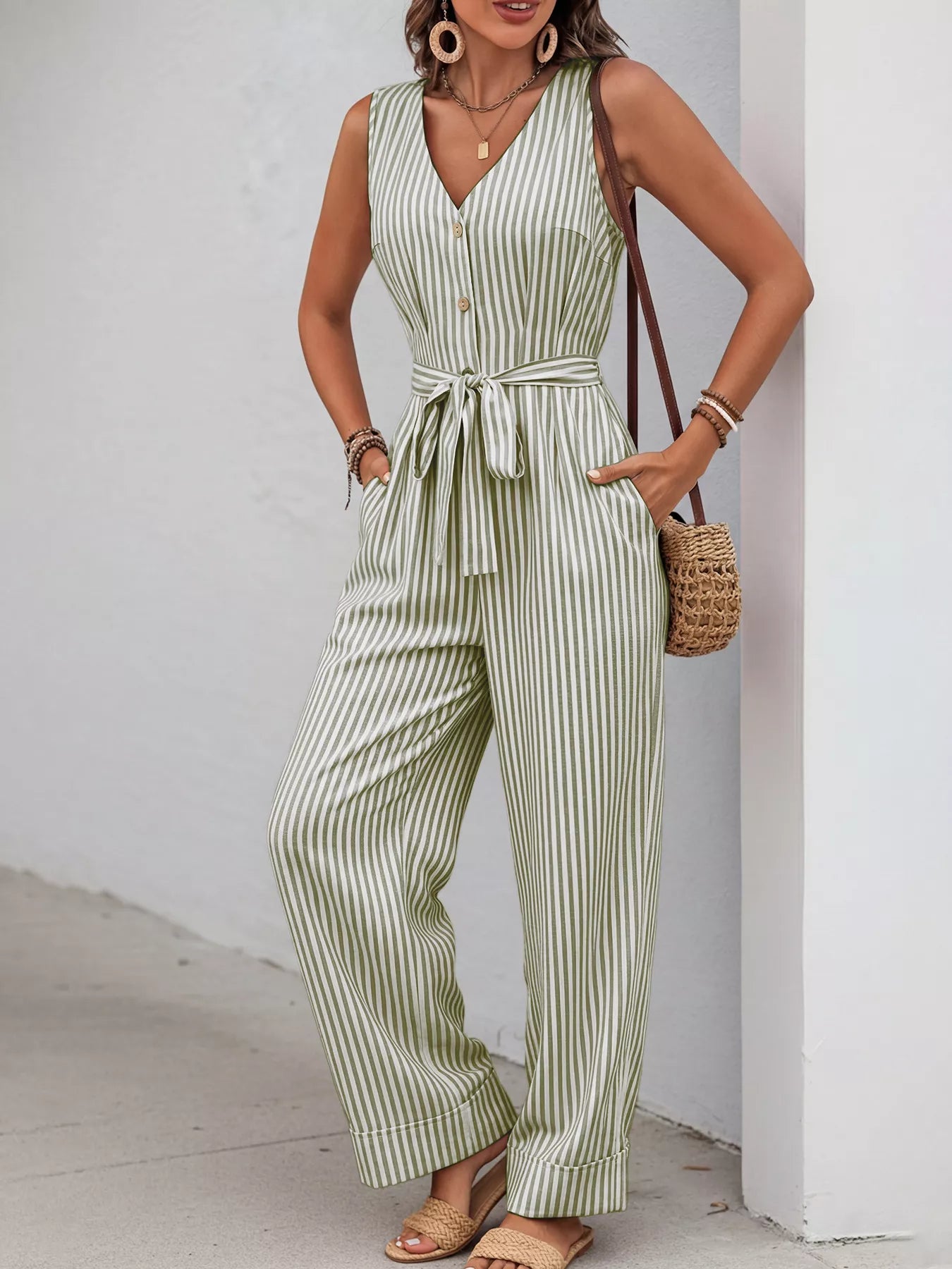 Striped Button-Front Tie Waist Wide Leg Jumpsuit