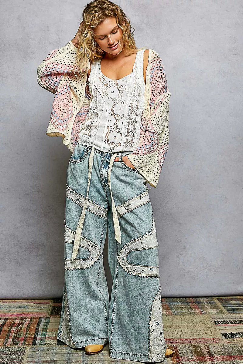 POL Open Front Crochet Cardigan with Granny Square Pattern