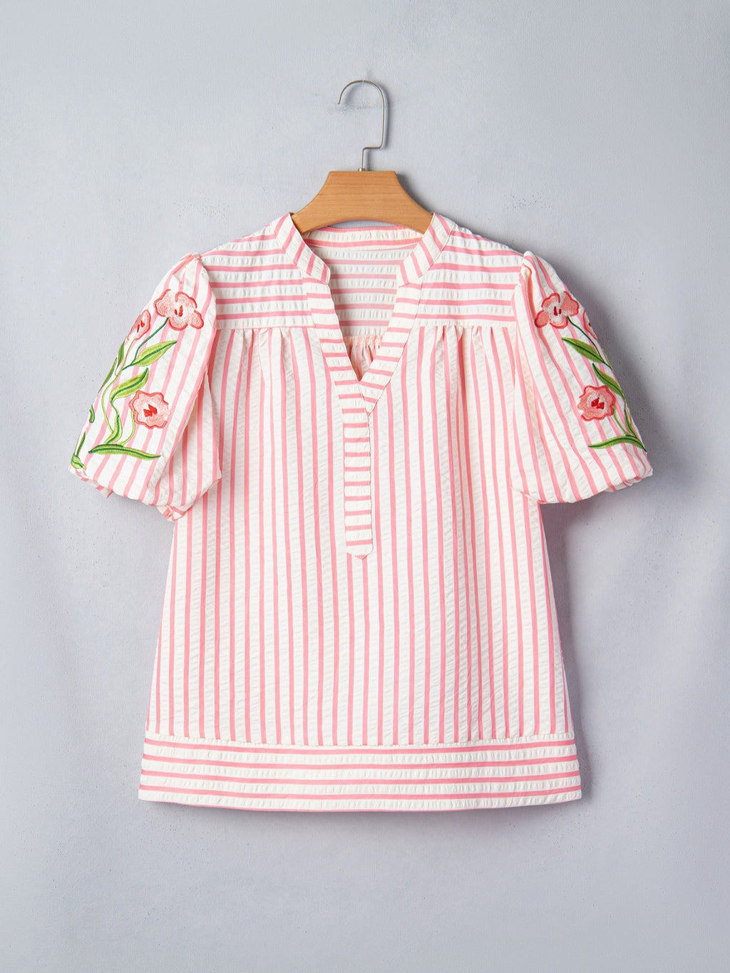 Stripe Print Floral Embroidered Puff Sleeve V Neck Blouse