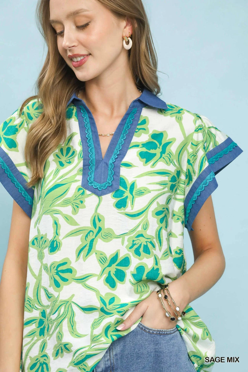 Umgee Floral Split Neck Top