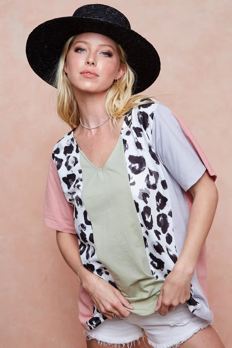 BiBi Cotton Span Knit With Leopard Color Block Top