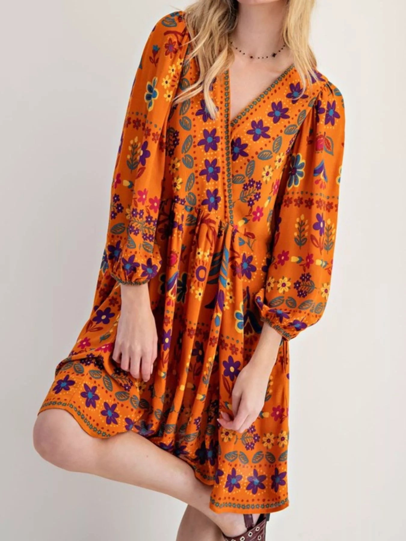 Bohemian Floral Print Long Sleeve Mini Dress