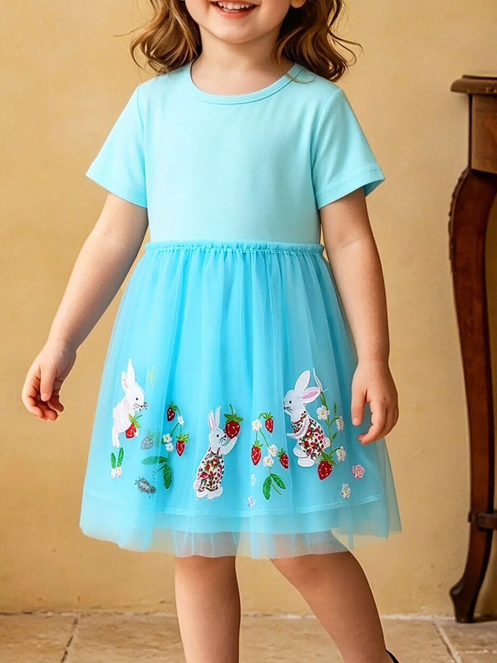Children's Bunny Embroidered Tulle Dress