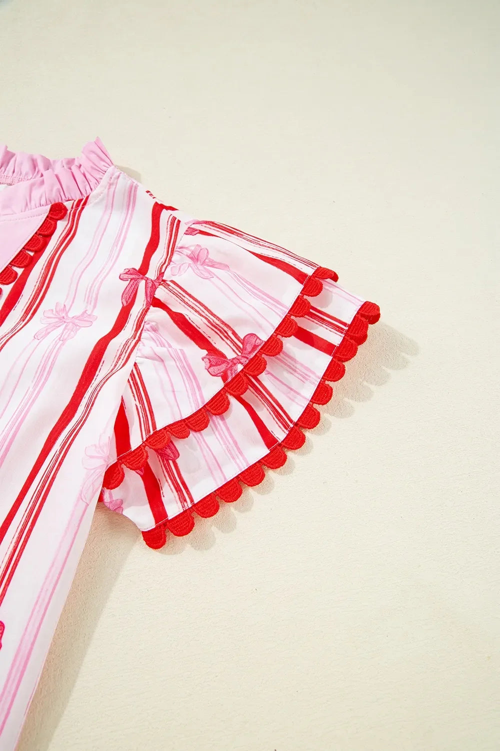Ric-Rac Trim Ruffled Sleeve Striped Printed Blouse