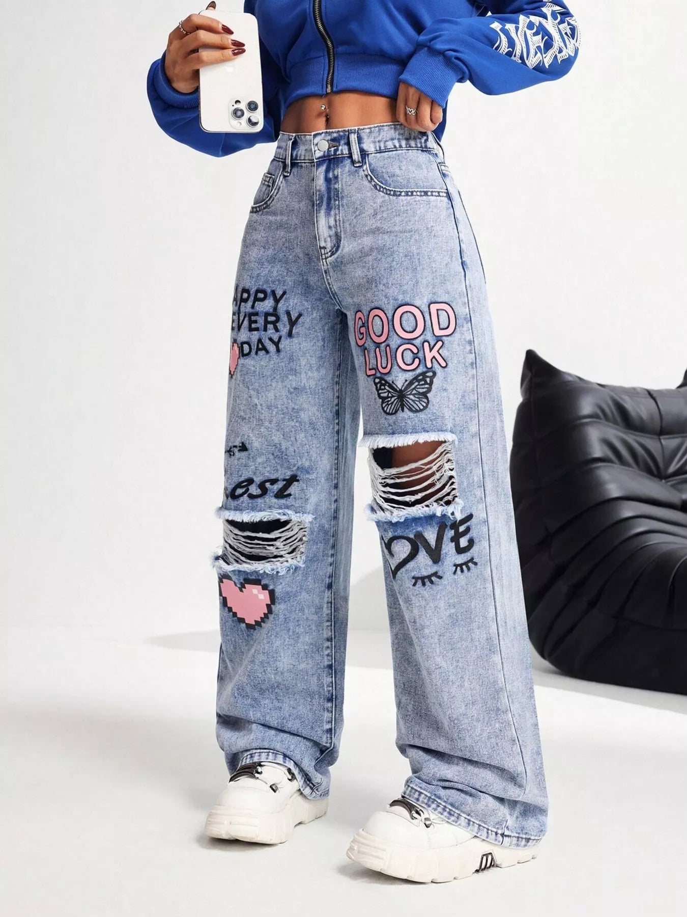 Graffiti Print Ripped Wide Leg Jeans
