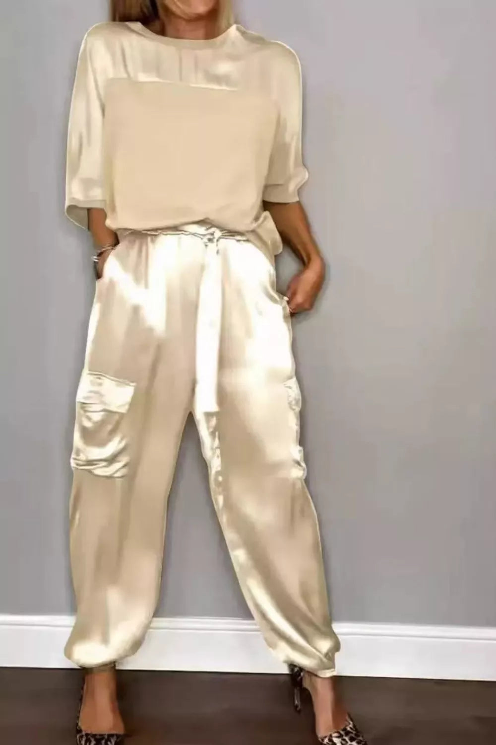 Satin Round Neck Top and Pants Set