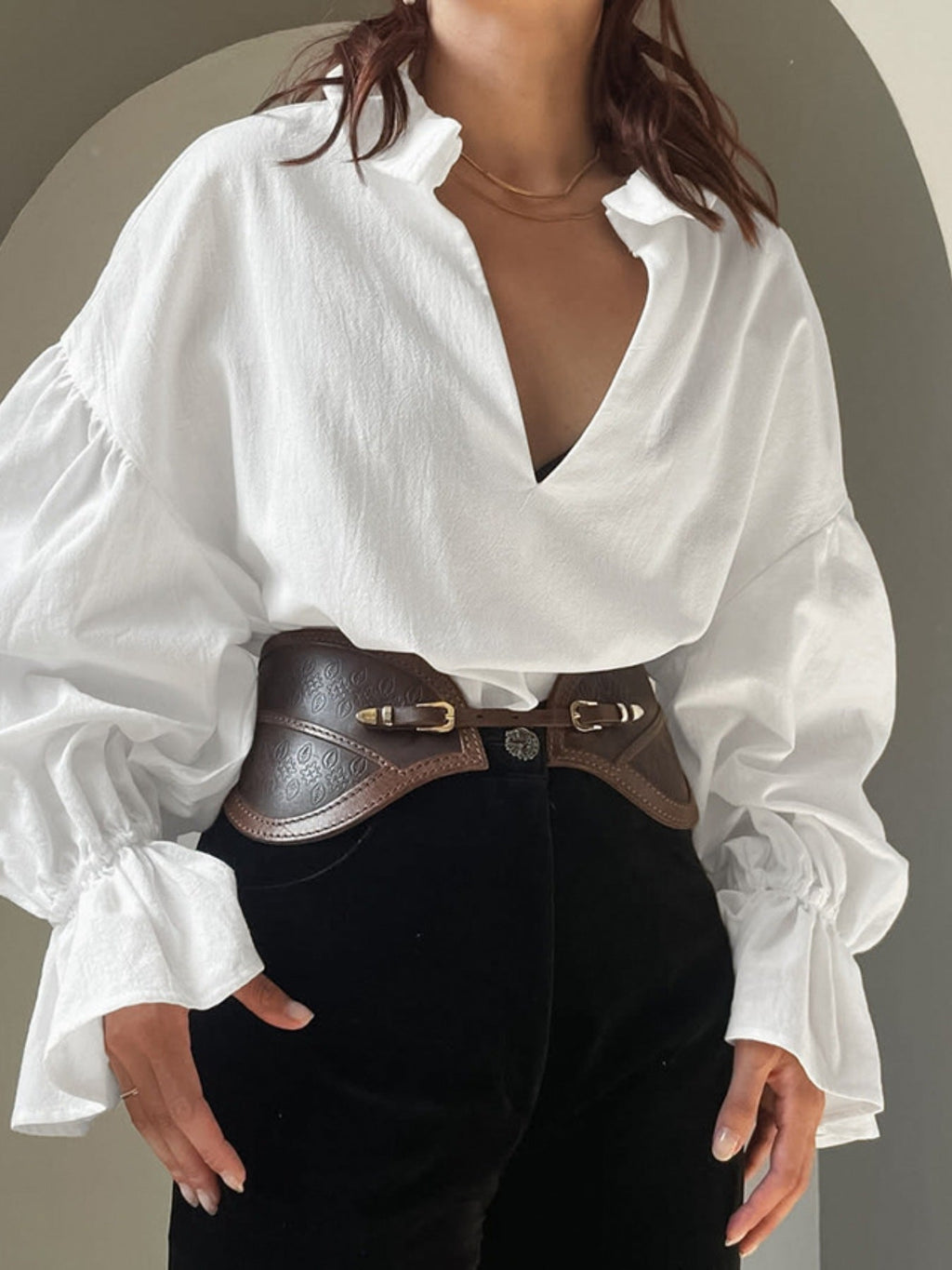 Notched Flounce Sleeve Blouse