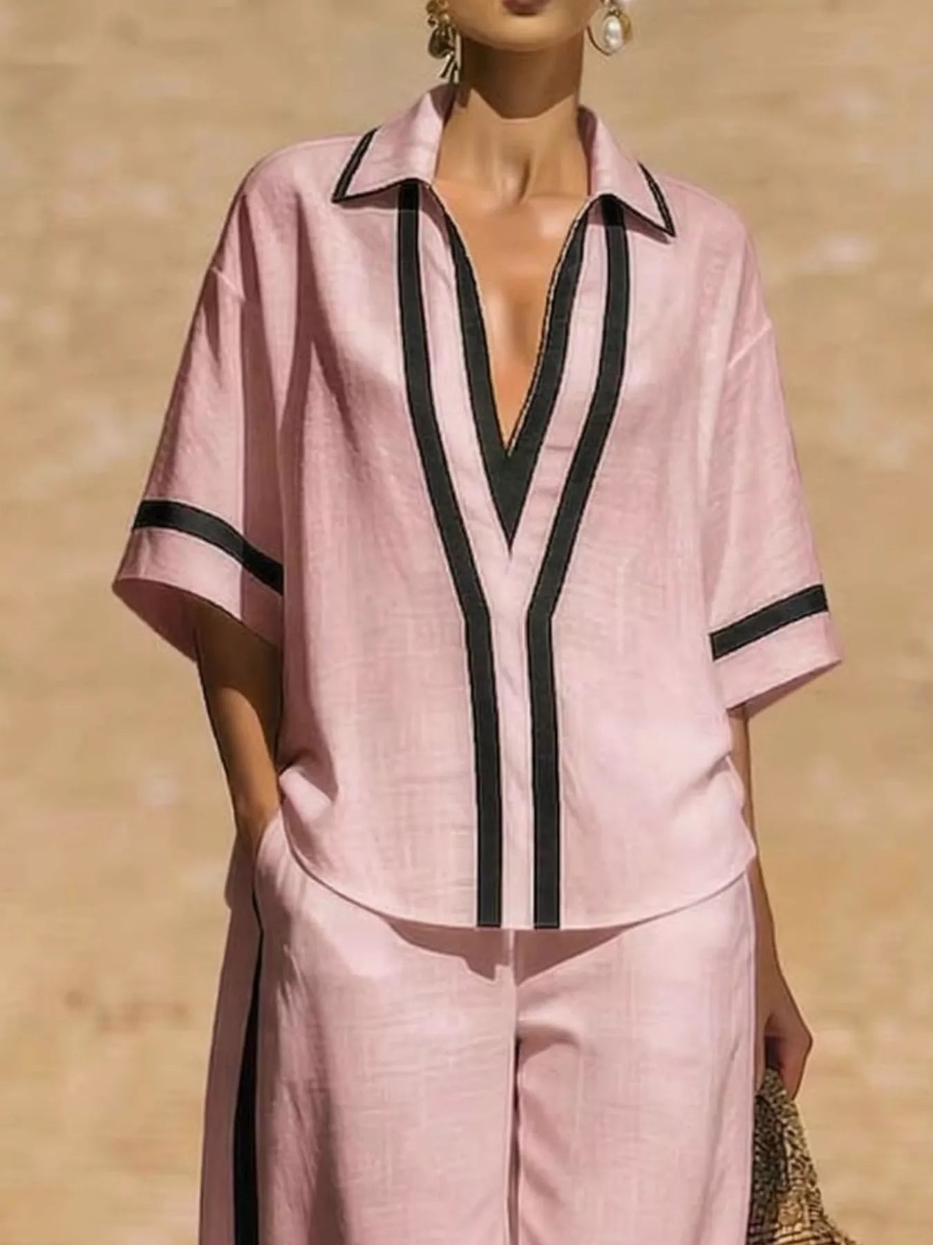 Full Size Contrast Trim Top and Pants Set Plus Size