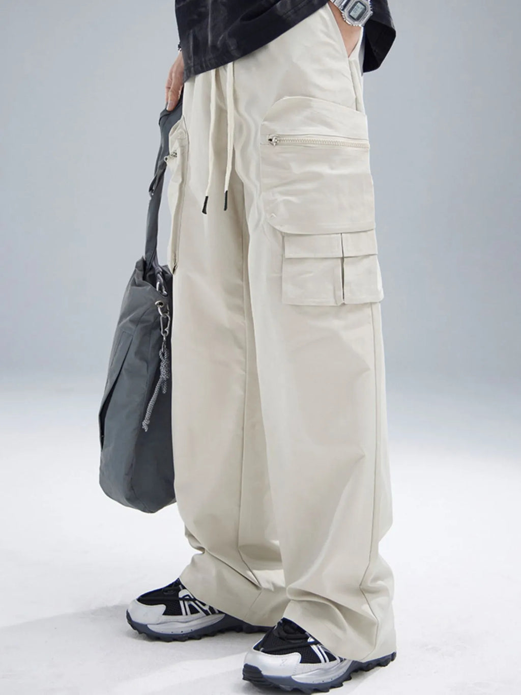 Men's Multi-Pocket Cargo Wide Leg Pants with Drawstring Waist