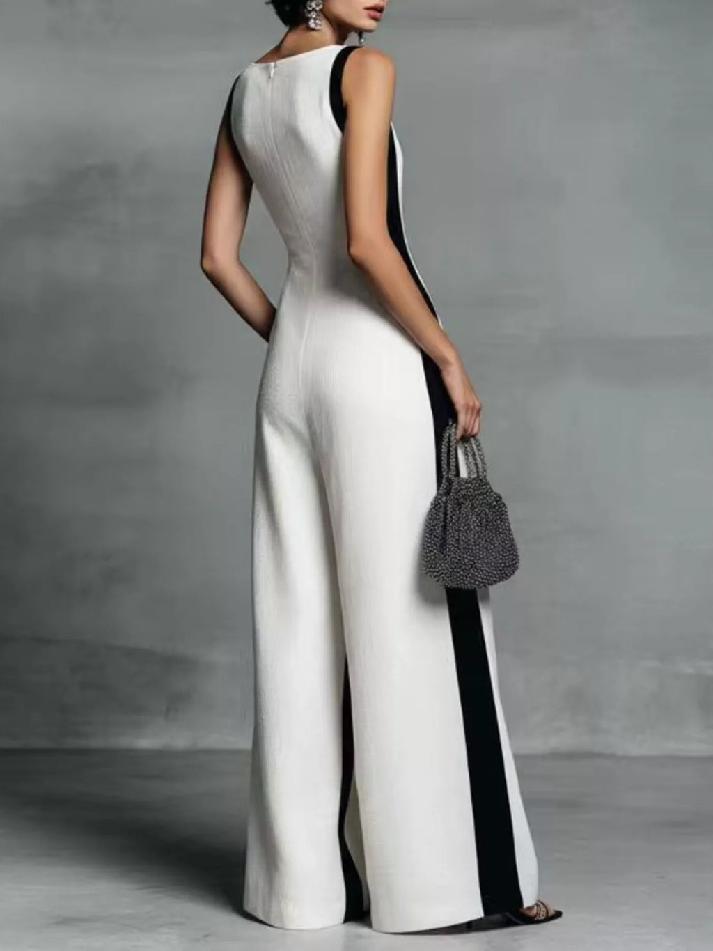 Deep V-Neck Wide-Leg Jumpsuit with Contrast Trim