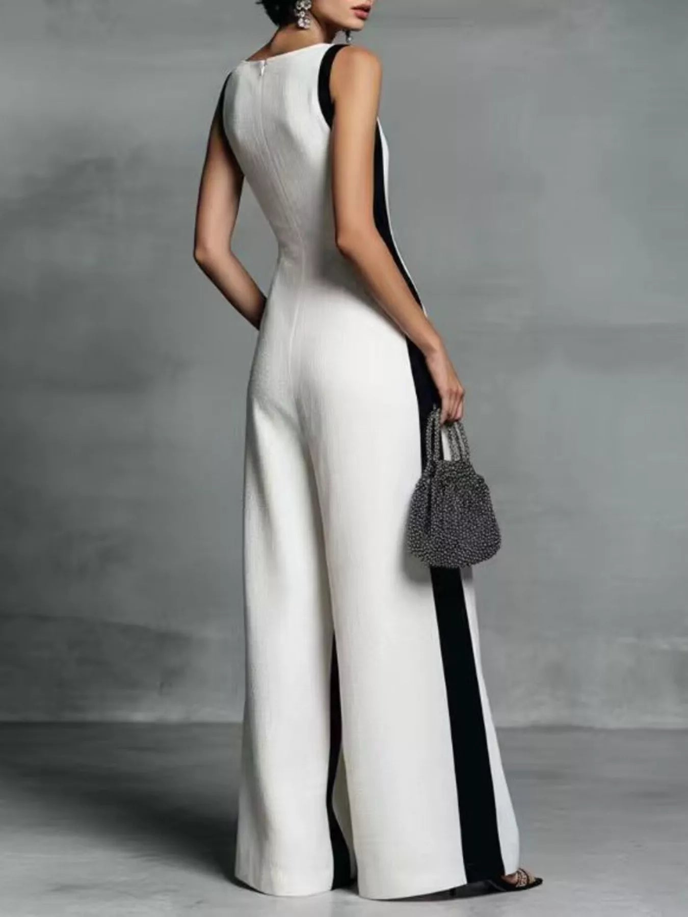 Deep V-Neck Wide-Leg Jumpsuit with Contrast Trim
