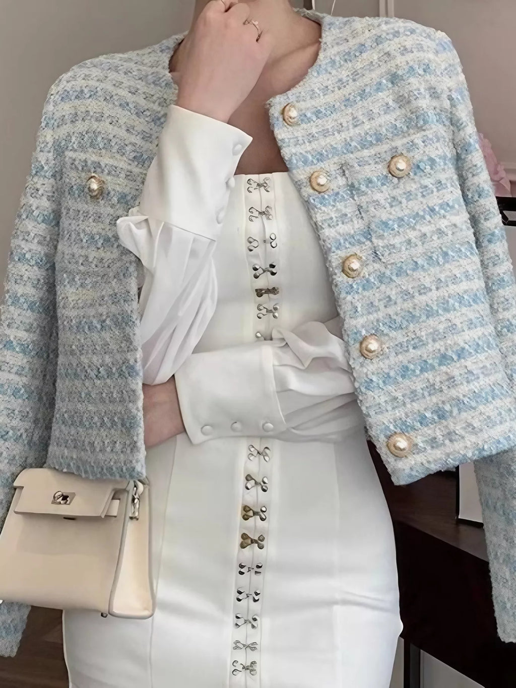 Button Up Cropped Tweed Outerwear