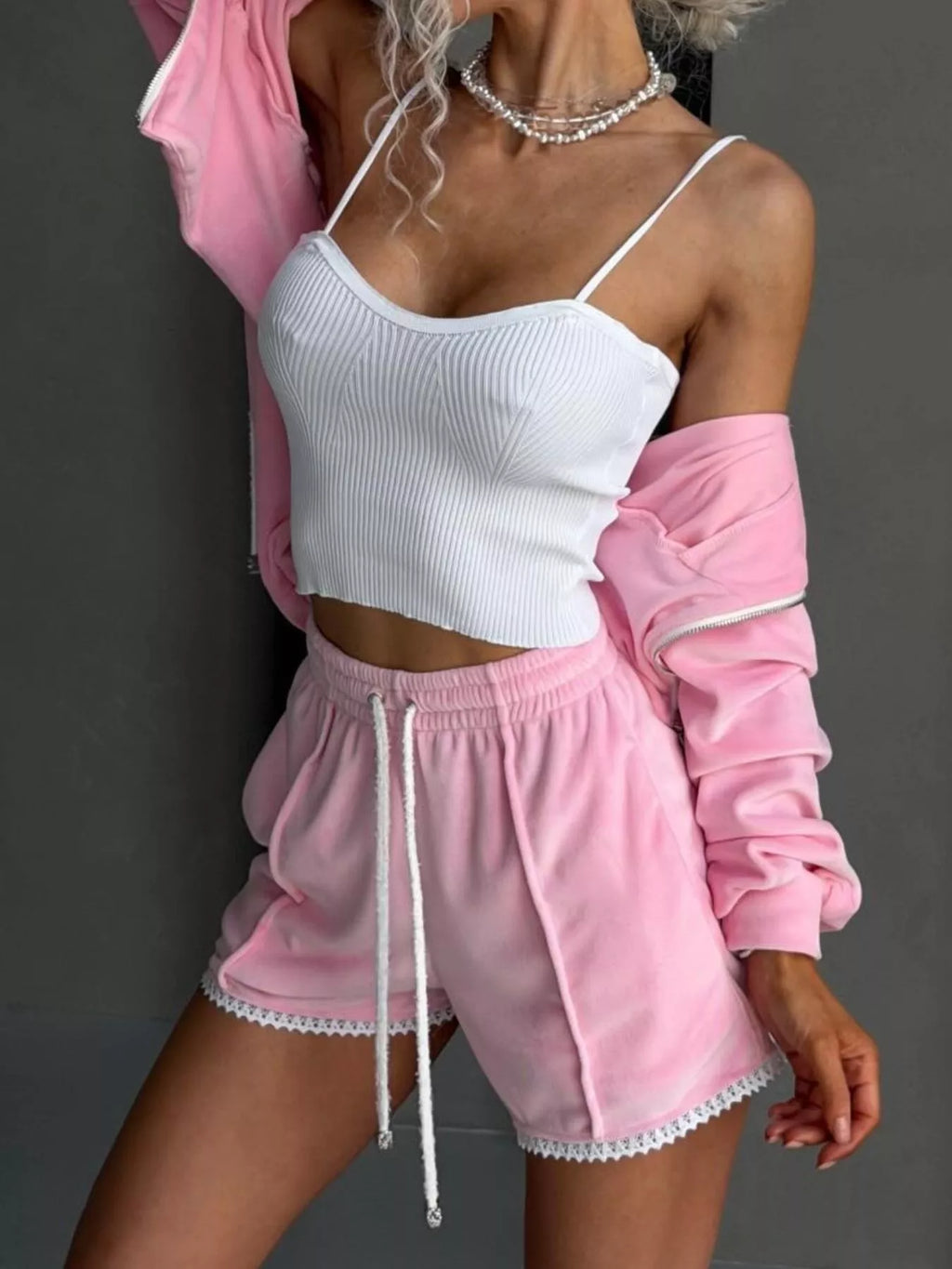 Zip Up Hooded Outerwear and Shorts Set