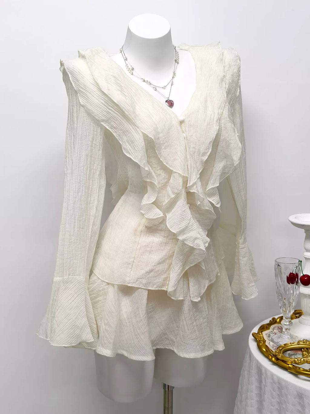 Ruffle Trimmed Blouse and Skirt Set