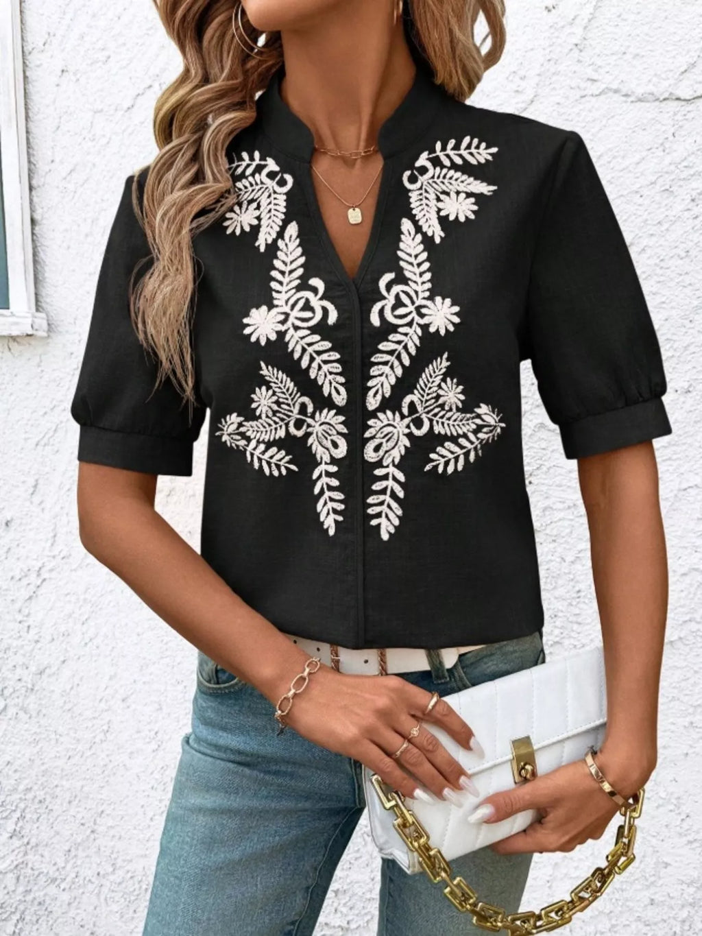 Embroidered Notched Short Sleeve Blouse