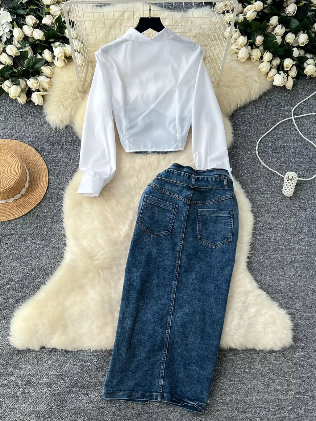 Frayed Denim Patchwork Top & Slit Maxi Skirt Denim Set