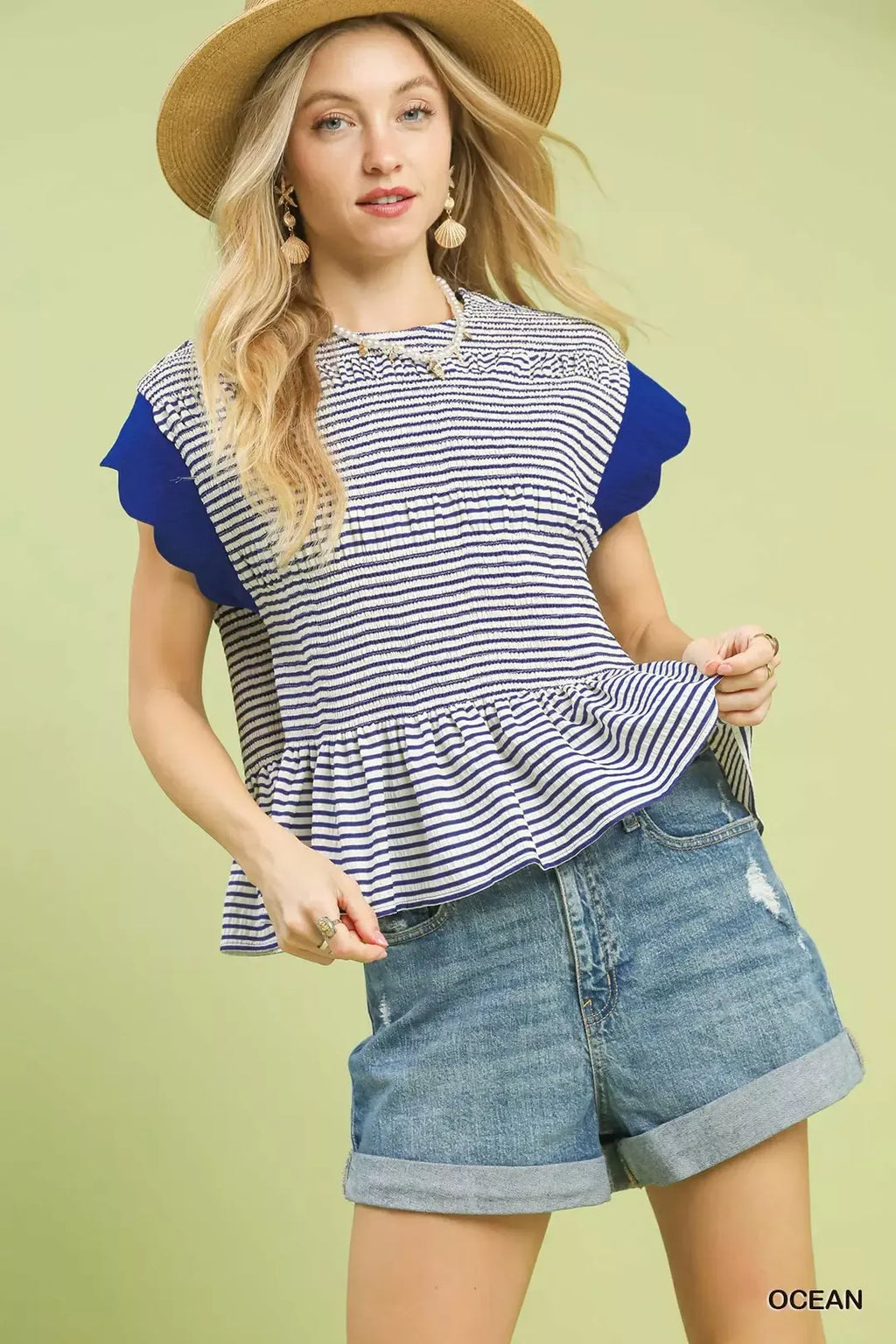 Umgee Stripe Ruffle Sleeve Peplum Top