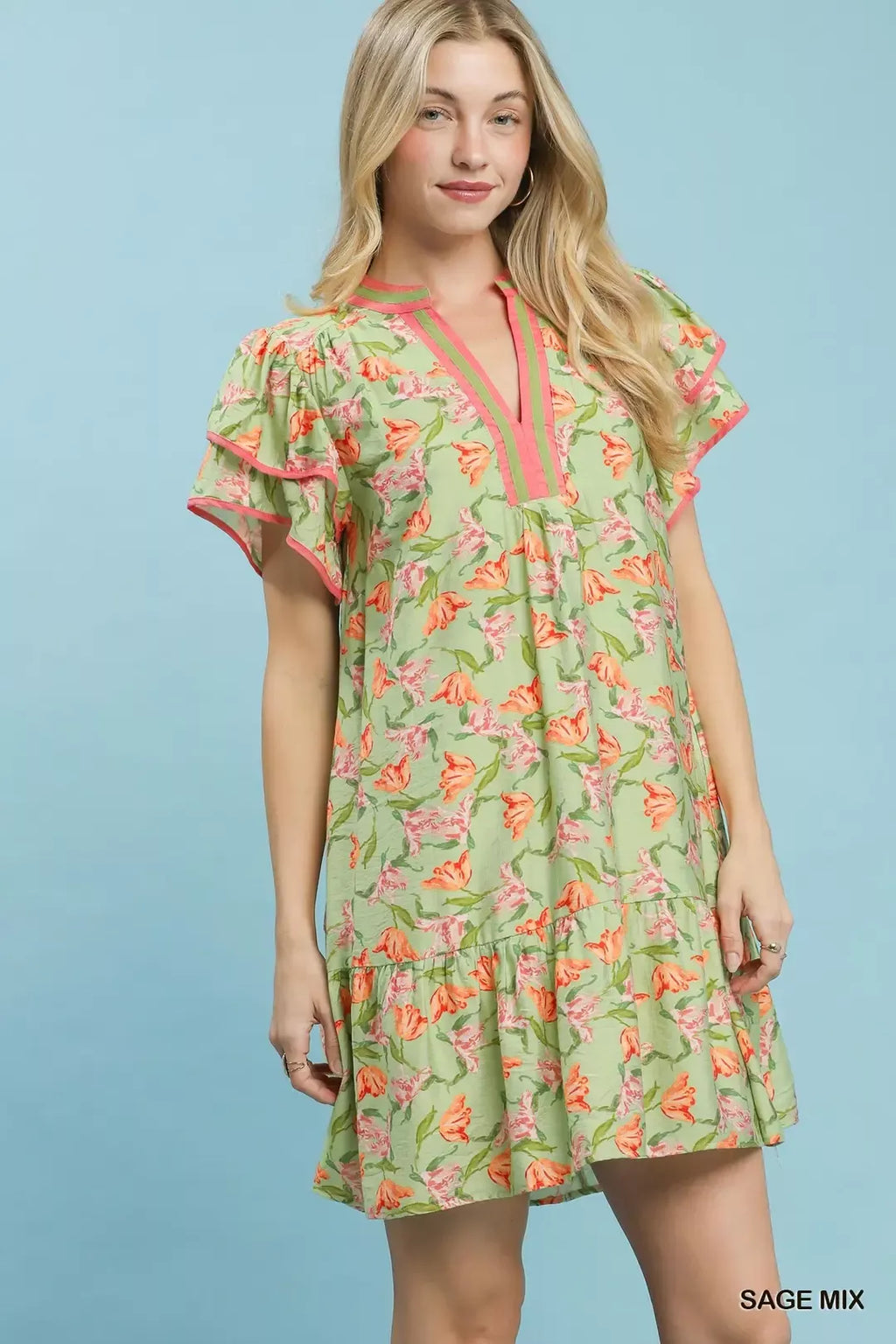 Umgee Floral Flutter Sleeve Tiered Dress