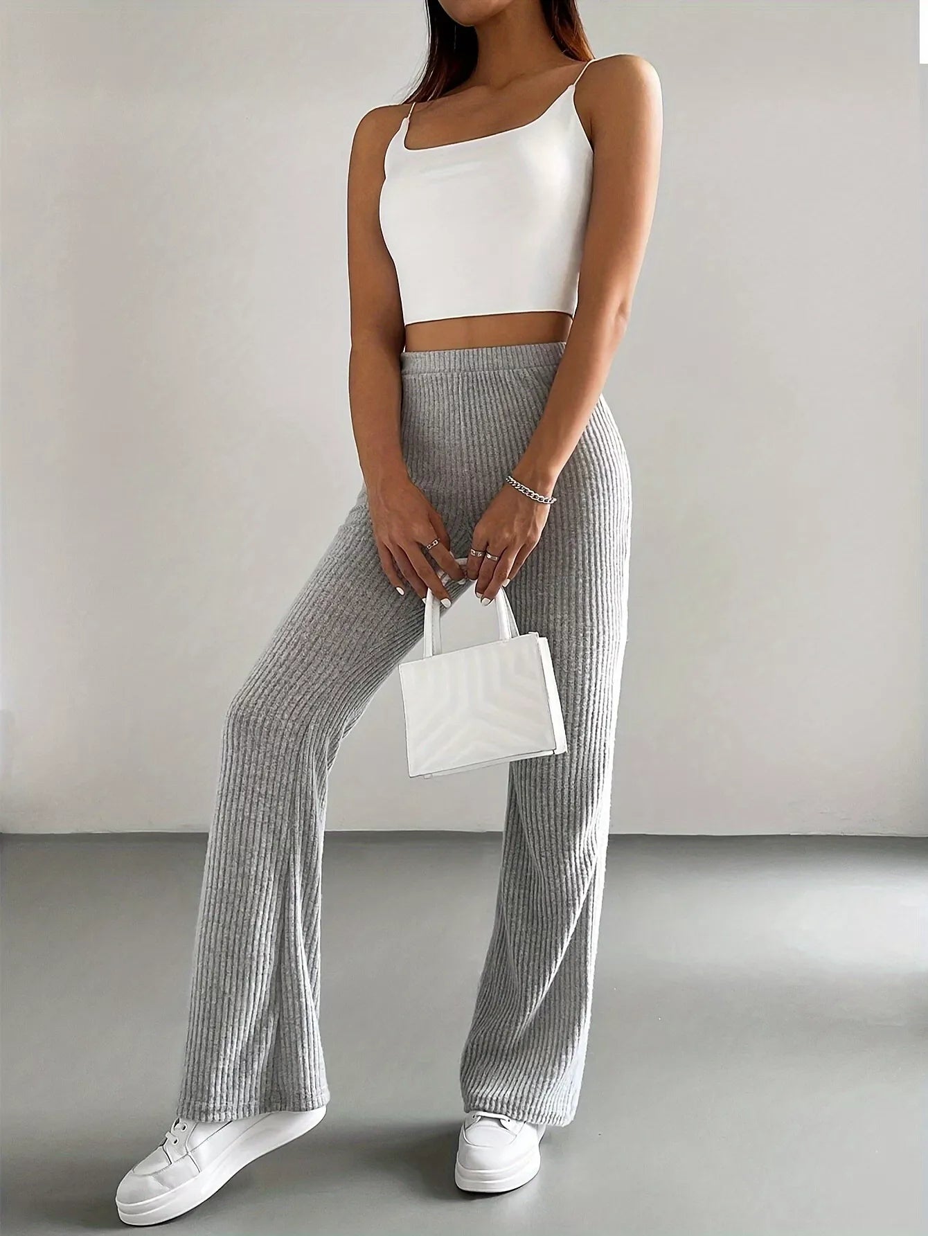 Ribbed Knit High Waist Flare Pants