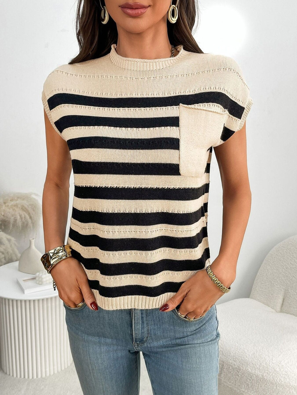 Striped Knit Pocket Detail Cap Sleeve Sweater