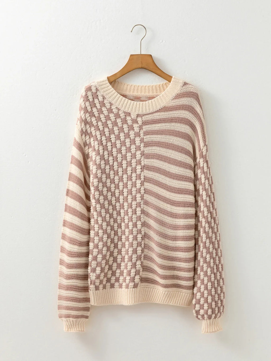 Stripe Checkerboard Drop Shoulder Balloon Sleeve Sweater