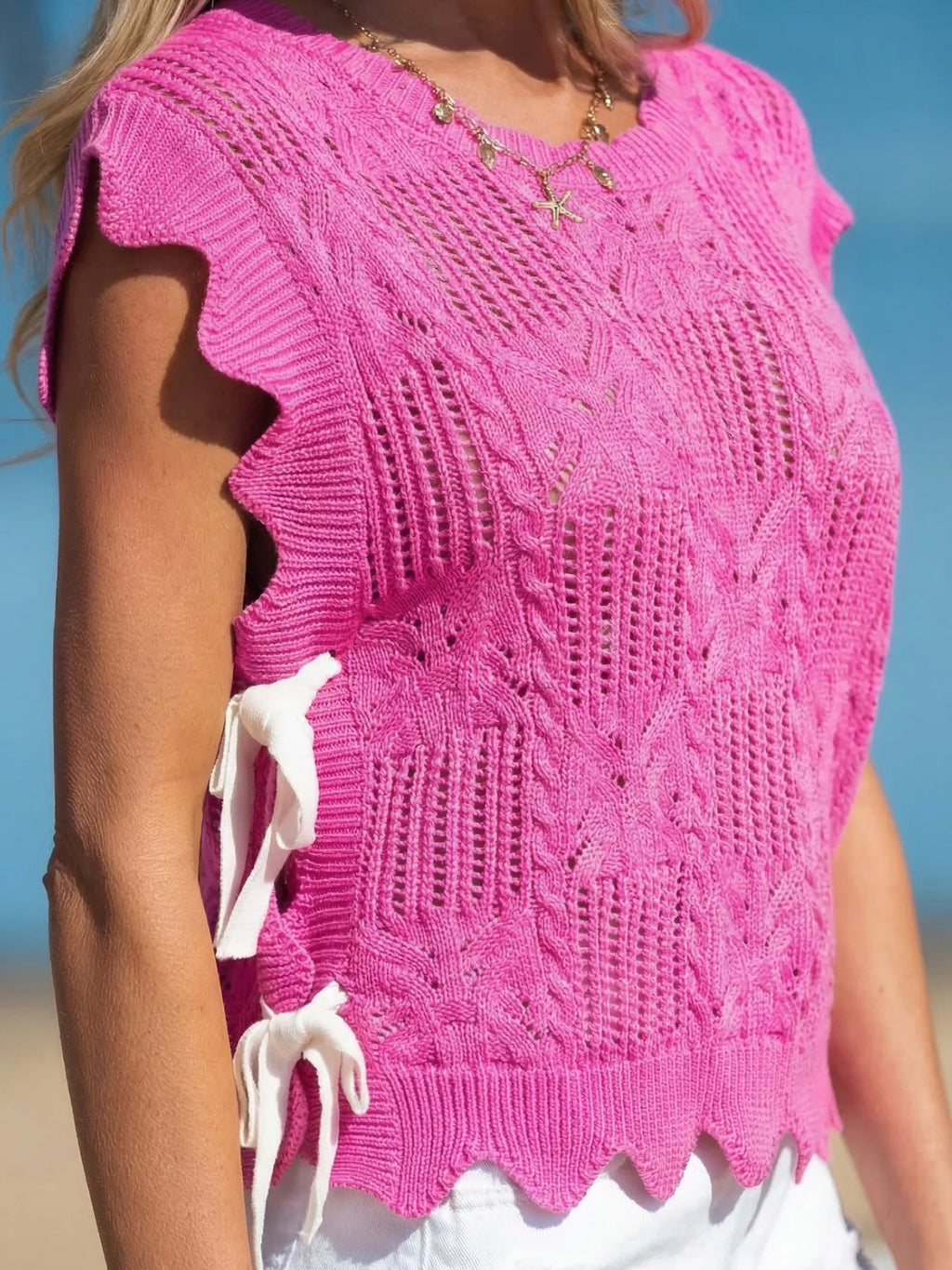 Side Tie Openwork Round Neck Sweater Vest