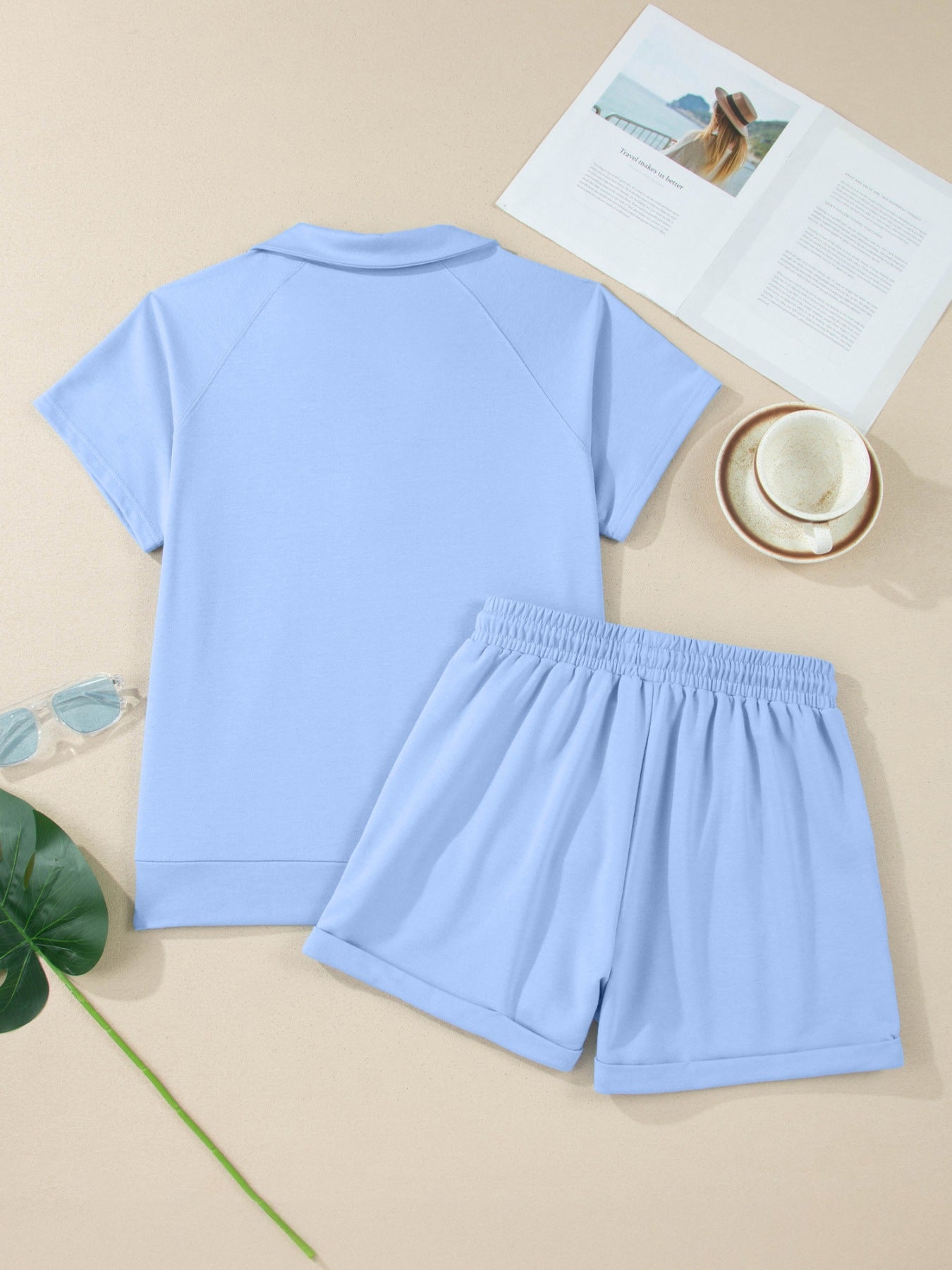 Collared V Neck Tee Drawstring Elastic Waist Shorts 2pcs Outfit