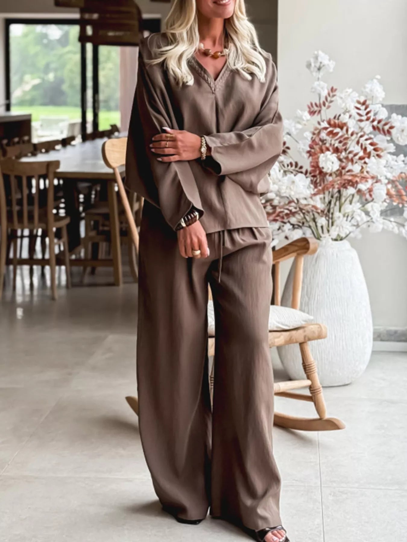 Braided V Neck Long Sleeve Loose Top and Drawstring High Waist Pants 2pcs Outfit