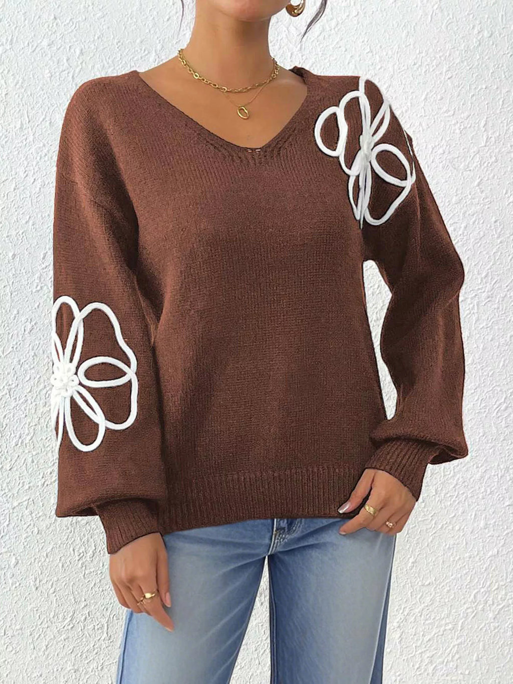 Flower V-Neck Long Sleeve Sweater