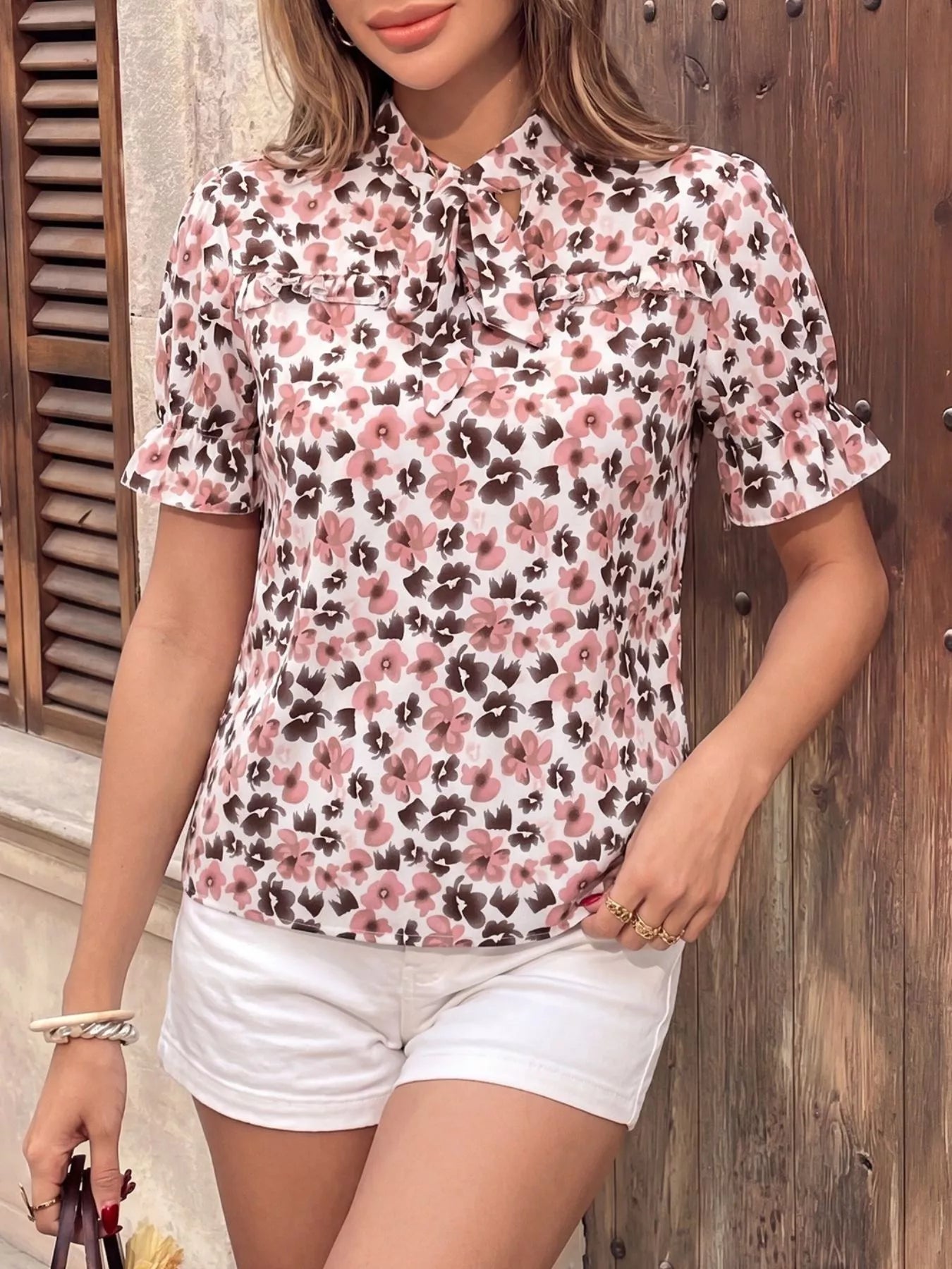 Floral Print Tie Neck Ruffle Blouse