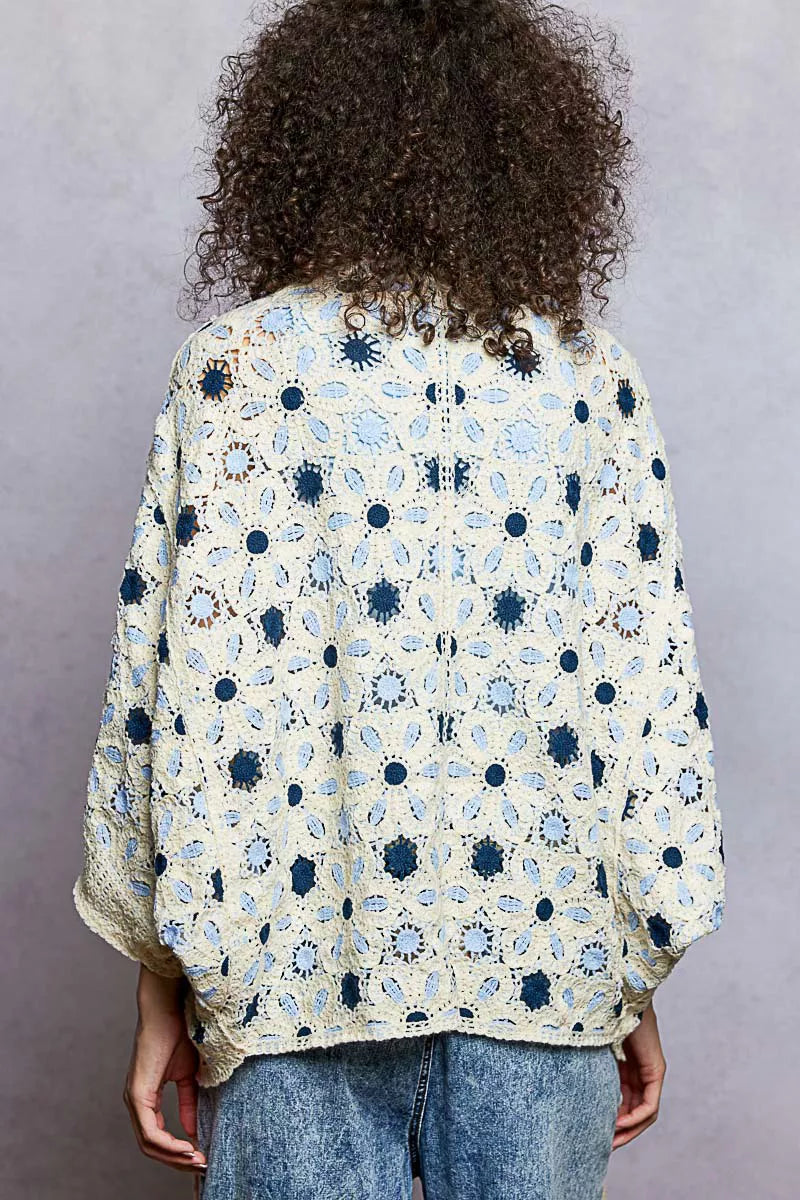POL Open Front Floral Pattern Crochet Cardigan