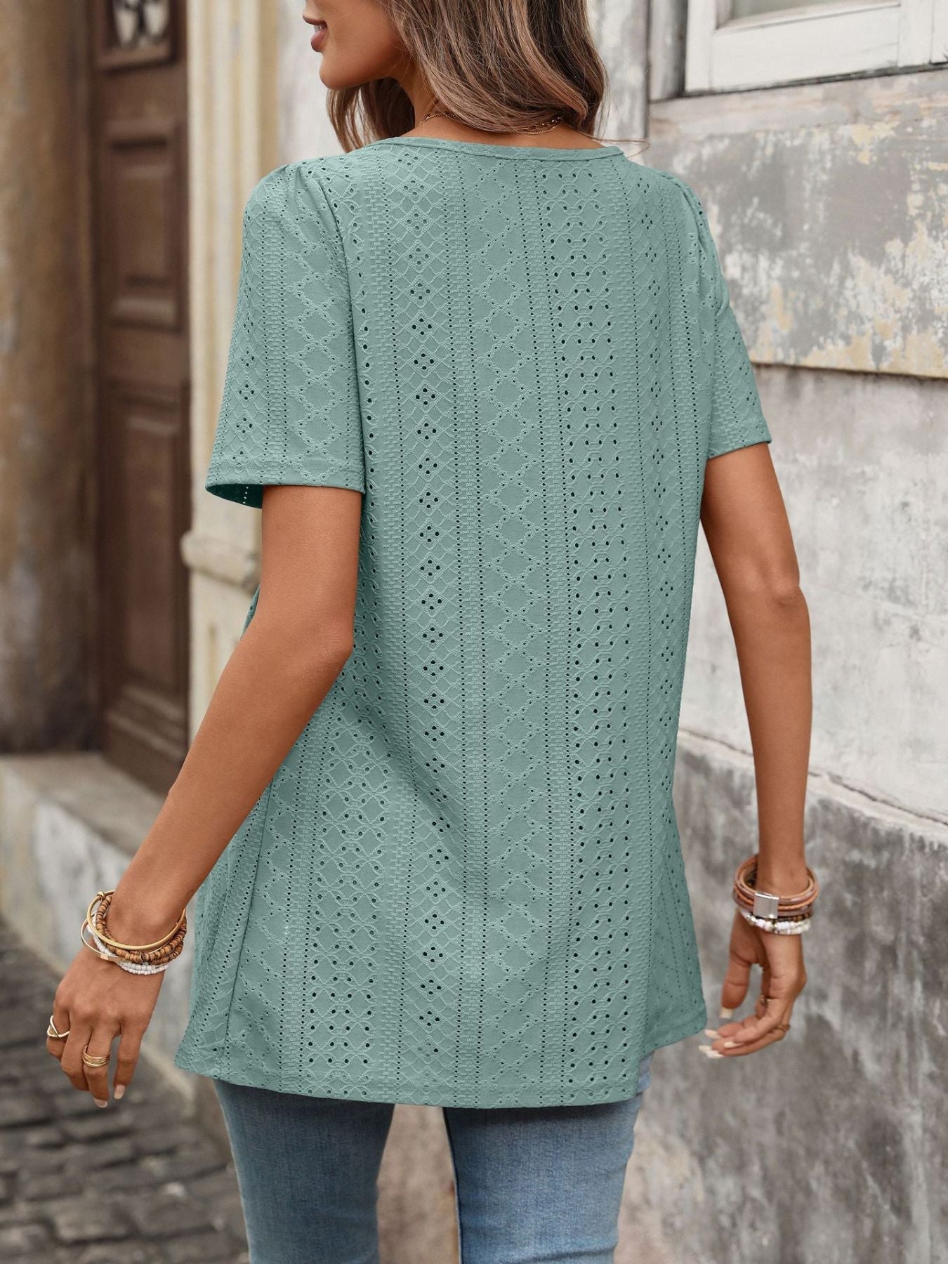Eyelet Square Neck Short Sleeve Top