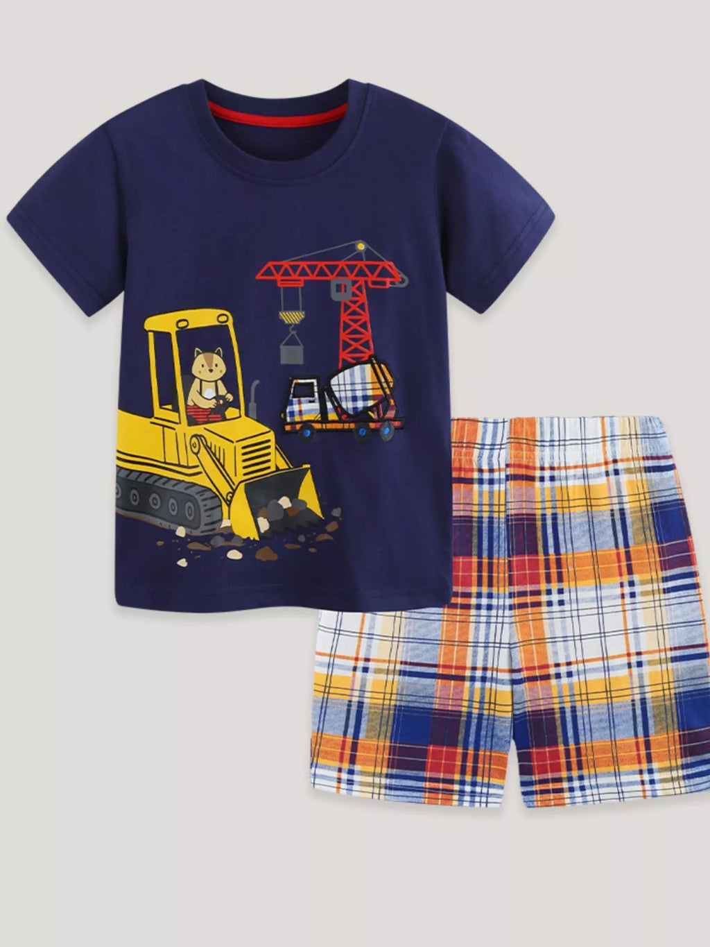 Children's Construction Vehicle Print Tee & Plaid Shorts Set
