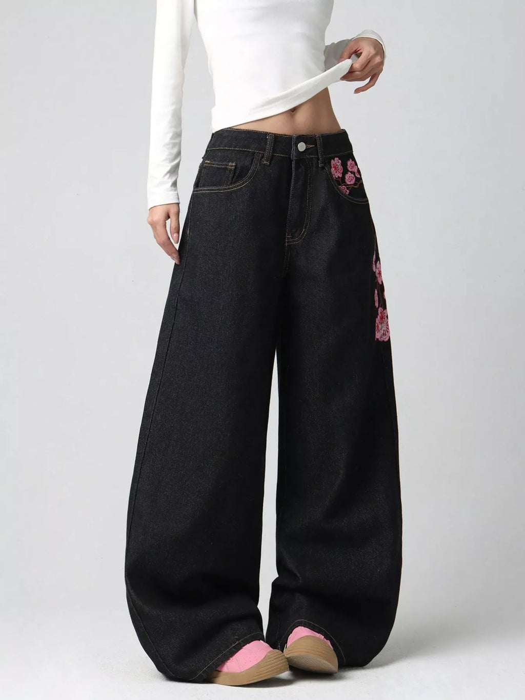 Embroidered Wide-Leg Jeans