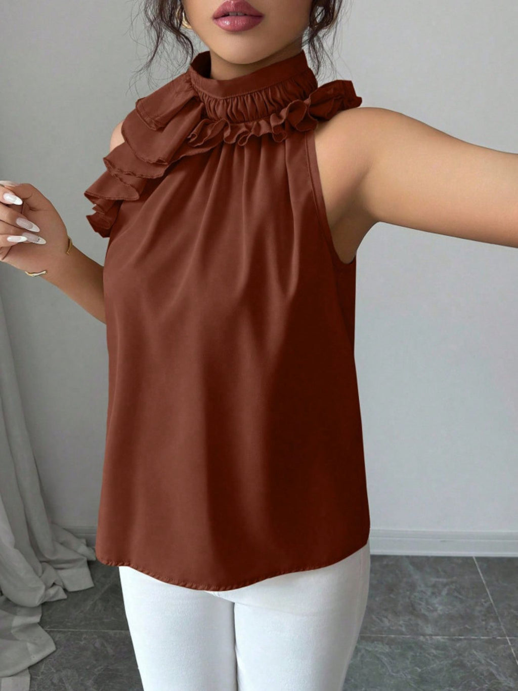 Ruffle High Neck Sleeveless Top