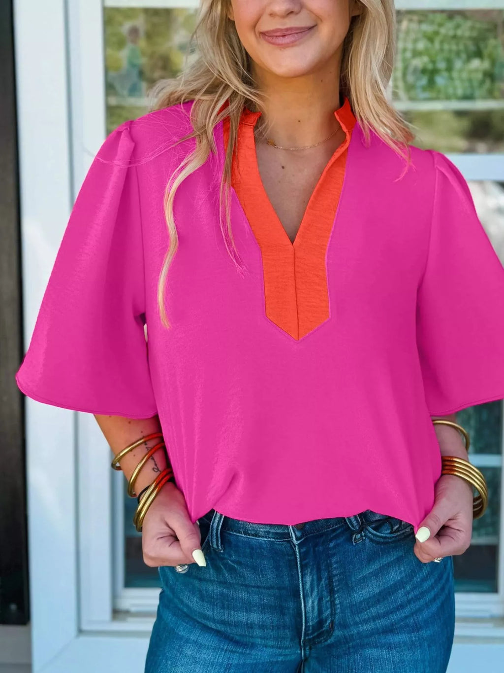 Notched Half Sleeve Blouse