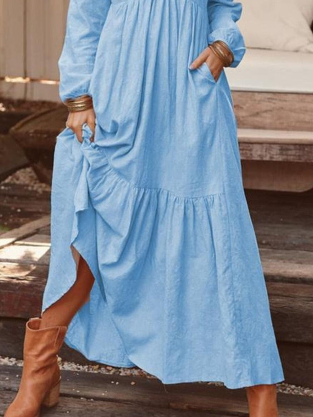 Full Size V-Neck Long Sleeve Tiered Maxi Dress Plus Size