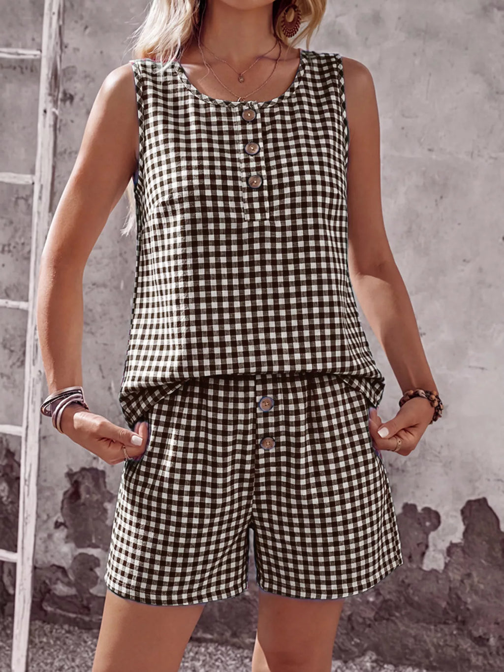 Gingham Sleeveless Top & Shorts Set