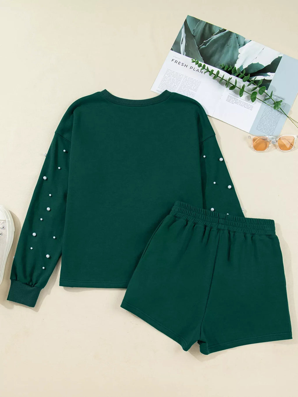 Pearl Embellished Drop Shoulder Pullover Elastic Waist Mini Skirt Set