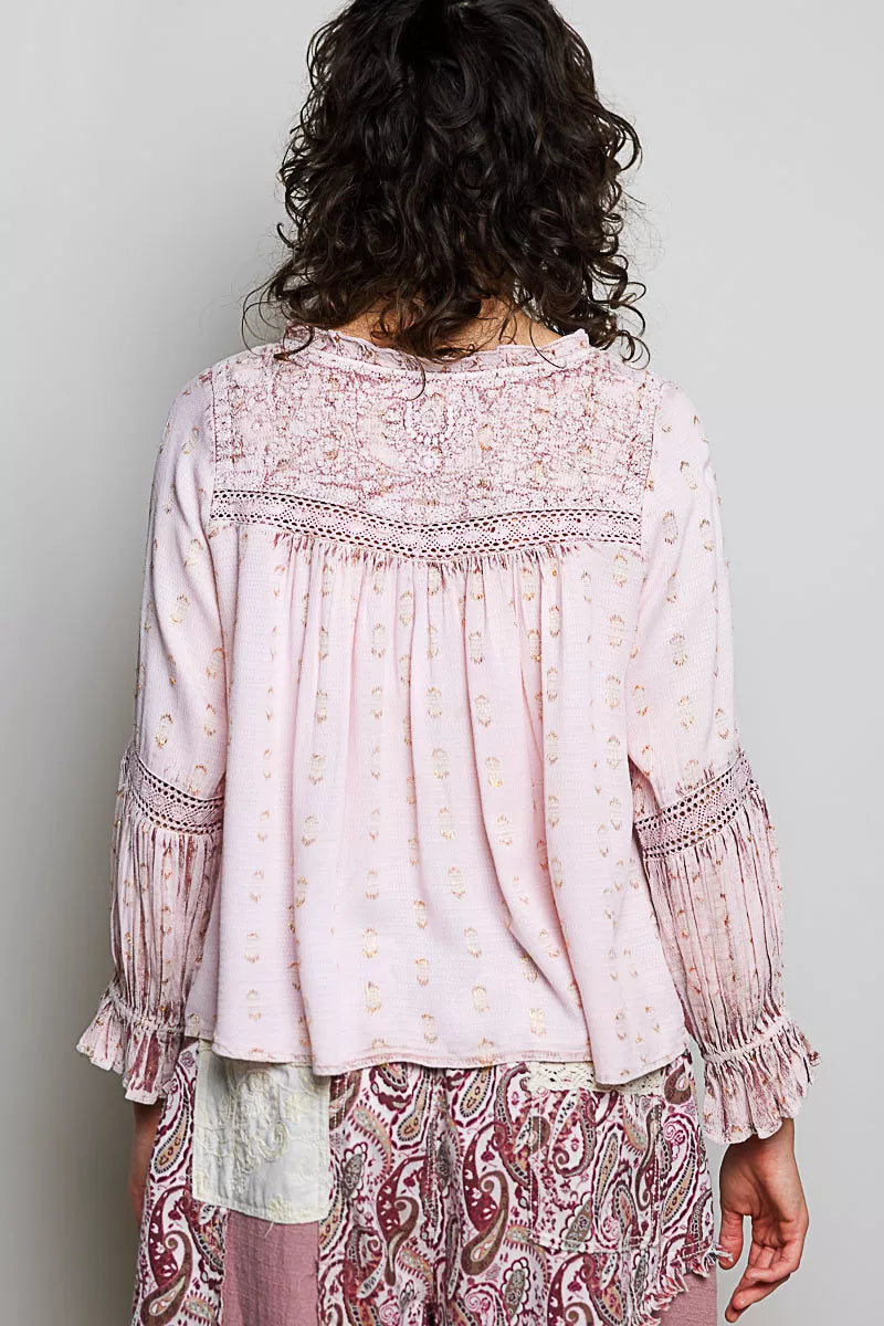 POL Mixed-Pattern Lace Detail Blouse