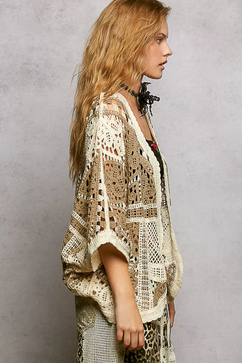 POL Open Front Crochet Cardigan with Scalloped Edge