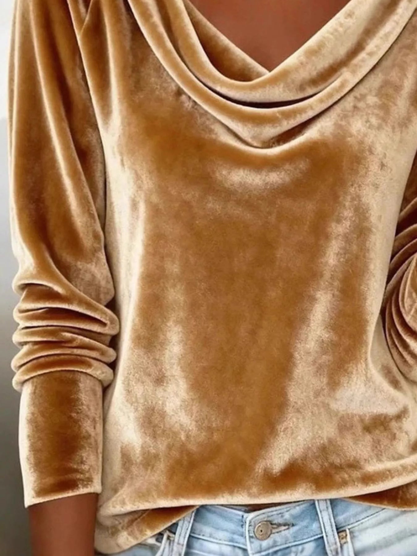 Velvet Cowl Neck Long Sleeve T-Shirt