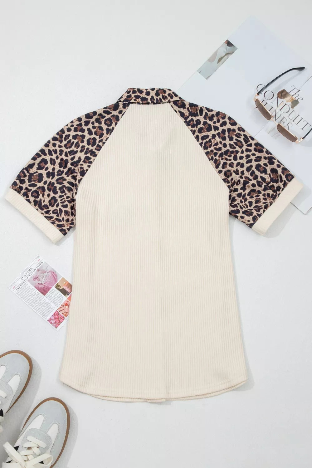 Ribbed Texture Button Down Leopard Patchwork Short Sleeve Shirt