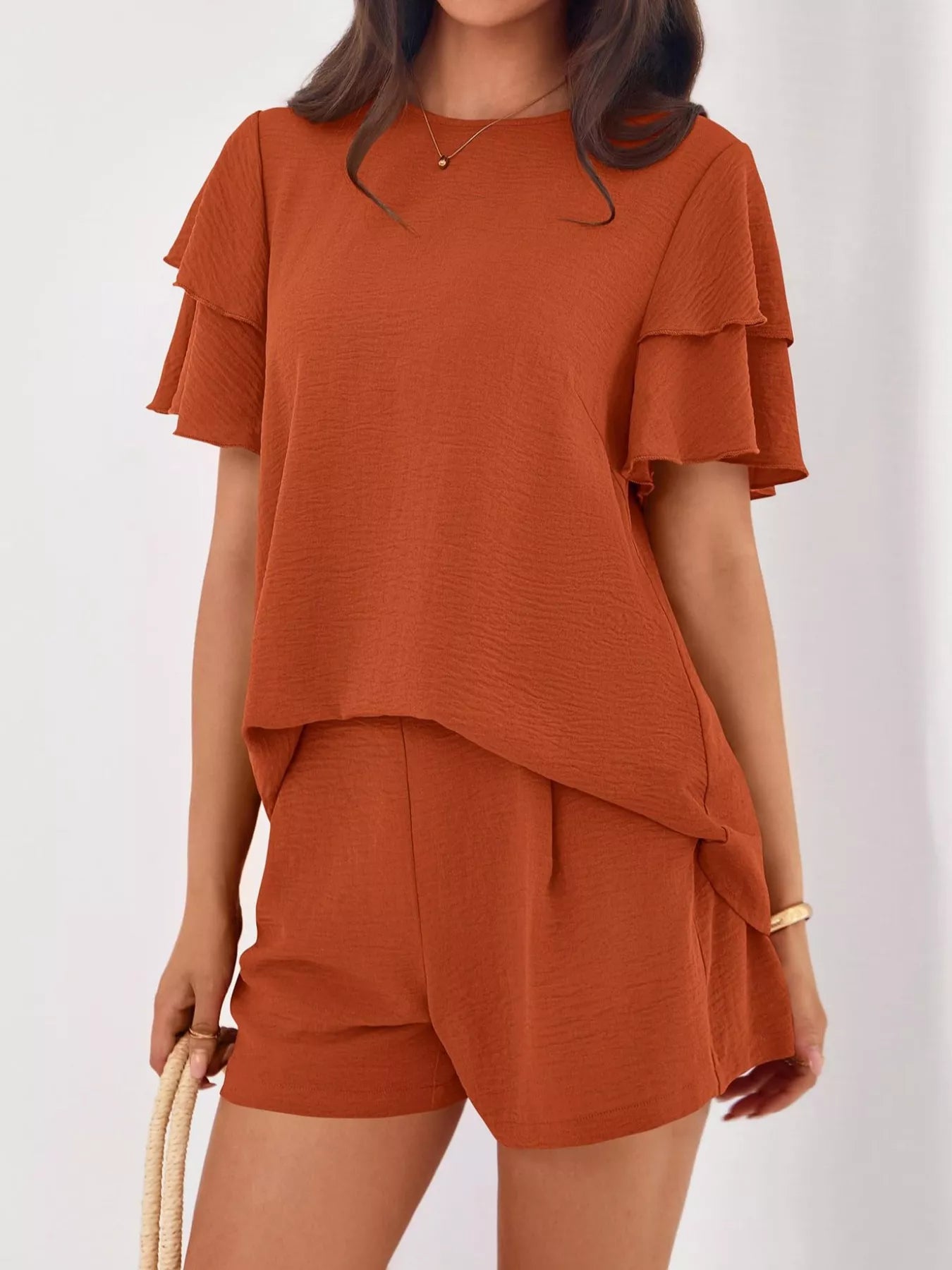 Ruffle Sleeve Top and Shorts Two-Piece Set