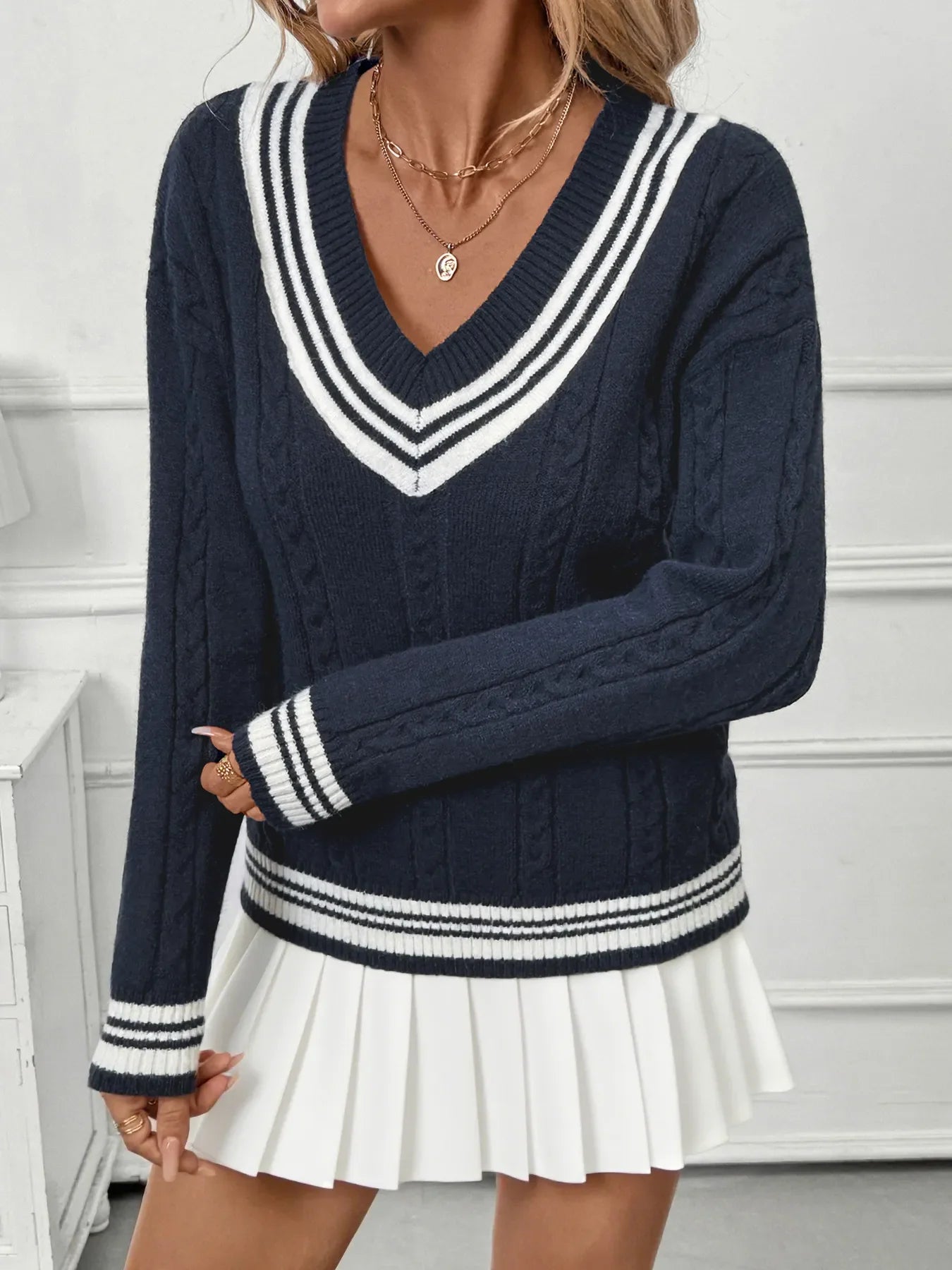 Contrast Striped V-Neck Sweater