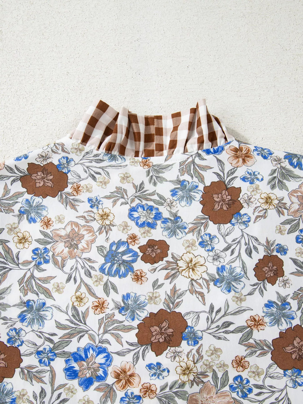 Plaid Frilled Trim V Neck Floral Long Sleeve Blouse
