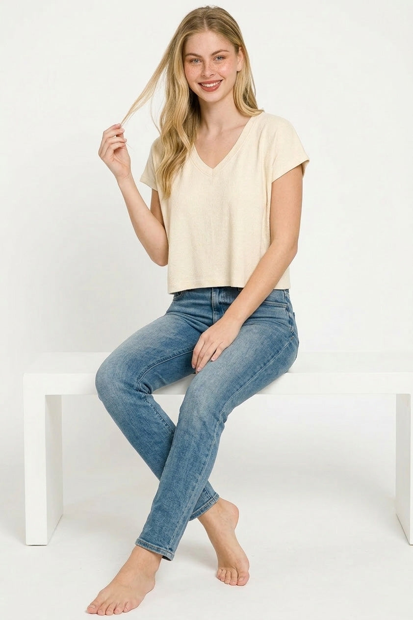 Zenana Soft Melange V-neck Drop Shoulder Cropped Top