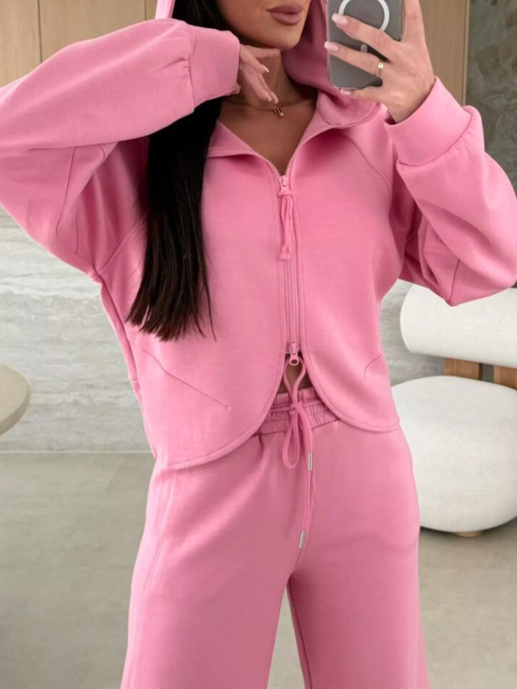 Solid Color Zip Up Hoodie Drawstring Loose Pants Set
