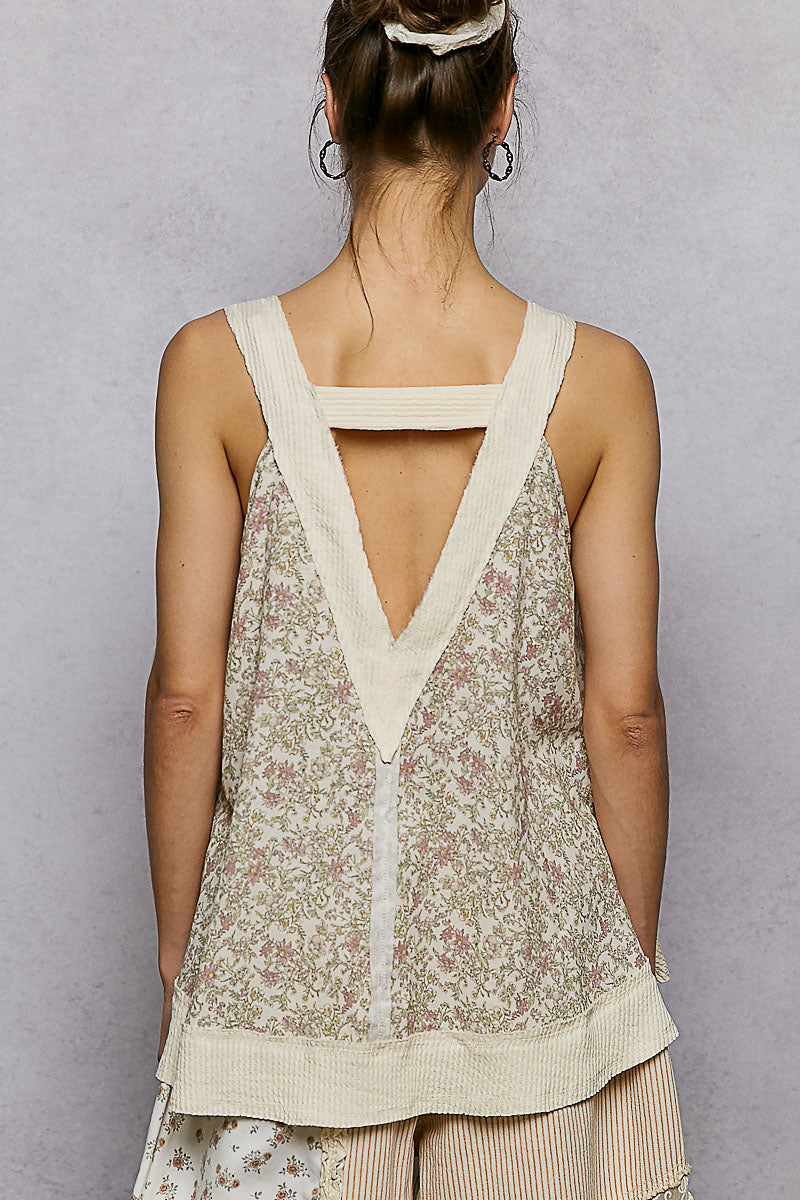 POL Floral V-Neck Tank with Front Pocket